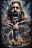 Placeholder: laughing maniacally - 24x36 inch movie poster - "The End of Life" - double exposure - Oil paint, water paint, acrylic paint, statuesque, clay molding, wood burning, pencil and ink - in the art style of every artist that has ever lived - Jesus looking down from the cross while a giant, snarling werewolf rears up behind him, "They Know Not What They Do." The Raven sat perched upon a bust of Pallas just above my chamber door