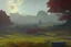 Placeholder: autumn vegetation, exoplanet in the horizon, big stones, cliff, sci-fi, konstantin korovin and camille pissarro painting