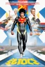 Placeholder: 20-year-old girl, extremely muscular, short, buzz-cut, pitch black hair, Paul Stanley/Elvis Presley/Keanu Reeves/Pierce Brosnan/Jon Bernthal/Sean Bean/Dolph Lundgren/Patrick Swayze/ hybrid, as the extremely muscular Superhero "SUPERSONIC" in an original patriotic red, white and blue, "Supersonic" suit with an America Flag Cape,