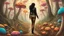 Placeholder: woman with black hair in a ponytail, in light brown leather trousers and jacket, walking through a forest of colourful Alien mushrooms with jellyfish tentacles, photorealistic, Intricate Detail