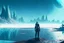 Placeholder: alien landscape with person seeing a grey exoplanet in the horizon, lagoon, ice blocks, sci-fi, concept art, cinematic, very epic