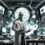 Placeholder: CGI gritty superhero movie still, fantastical Portrait of a smug super-villain in a lab-coat, extended bulbous frontal lobe bald head with a several different sized futuristic tech devices implanted randomly in his oblong head, super-villain, surreal, Marvel aesthetic, background is a mad-scientist's lab with formulae scrawled on a giant white-board