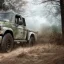 Placeholder: hyperrealistic shot, muddy military toy truck, monotone color palette, sharp focus, puddle reflection, tire water splash, refraction, mist on the horizon, shadowcast, detailed and intricate, cinematic composition, micro, tilt shift photography