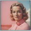 Placeholder: Romy schneider, in the style of a polaroid, pink, orange, red, sunny day