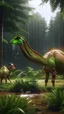 Placeholder: A camel and a dinosaur eating grass from the ground in a dramatic scene in a dense forest with A FIR BRUNCH under the rain. A camle The background should feature raindrops falling around the leaves.