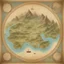 Placeholder: a parchment map of a huge fantasy world. continents, forrests, hills, mountains, lakes, oceans, island, rivers. No text, no ornaments