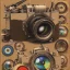 Placeholder: components of the camera laid out flat. poster design. high detailed. oil on canvas.