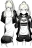 Placeholder: blonde girl with ponytails dressed in a jacket and shorts walks briskly, front view, greyscale