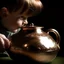 Placeholder: The reflection of a child on the surface of an old copper teapot