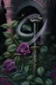 Placeholder: a sword in the foreground with a snake coiling around it. In the background, petunia flowers. In a gothic, dark fantasy style.