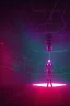 Placeholder: 3d, si-fi hunger , far away a girl in the middle stand on round platform, connected by wires , vr, beautifully color coded, super detailed, moody lighting, volumetric lighting, night time, mass effect, vertical glow, walls