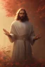 Placeholder: Jesus portrait at dawn by atey ghailan, golden light , white robe, angels in the background, volumetric light, high detail, red leaf tree,perfect