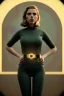 Placeholder: retro sci-fi portrait image from 1960, supermarket parking explosion, long hair, young Scarlett Johansson, classic black tight lycra suit, gold bracelet and belt, soft color, highly detailed, unreal engine 5, ray tracing, RTX, lumen lighting, ultra detail, volumetric lighting, 3d, finely drawn, high definition, high resolution.