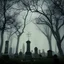 Placeholder: dark creepy cemetery on a foggy night