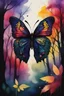 Placeholder: A beautiful colorful black butterfly in dark red and purple and yellow trees and dark green and dark blue colors only, thin lines draw style , Busch painting style nightmare with sunshine in the middle, watercolors splash