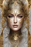 Placeholder: Beautiful face of European woman with voidcore shamanism collage metallic filigree abstract, a portion of her face is art decaden embossed florql t angel , and a portion of her face is stylish flowers metallic filigree foulard print, a portion of her face is gold wooden filigree tqttooed and a portion of her face Is palimpsest stripes, degrade print fantasy background, masterpiece, portrait