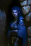 Placeholder: Dnd character in a dark cave. Leaning against a wall. A female Moonelf twilight cleric with super curly, super short, dark blue hair and golden eyes, wearing gray and dark blue robes. With tattoos. Muscular, broad.