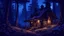 Placeholder: glowing cabin, warmly lit at night, blue cold ambience, surrounding forest, luminescent mushrooms, magical atmosphere, soft focus, vibrant hues, ultra detailed, fantasy, illustration, by Arthur Rackham and John William Waterhouse, artstation, enchanting, cinematic lighting