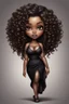 Placeholder: create a digital airbrush image of a chibi curvy black female wearing a black maxi dress and black sandals. Prominent make up with brown eyes. Highly detailed wild tight curly hair.