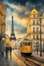 Placeholder: lisbon city view with famous yellow tram and eiffel tower in background, van gogh style, dramatic sky