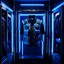 Placeholder: closet containing bulletproof vest, cyberpunk style, blue lighting
