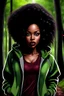 Placeholder: HYPER REALISTIC Graffiti, full body, WHIMSICAL DIGITAL ILLUSTRATION, HD, HIGH CONTRAST CHIBI STYLE STUNNING AFRICAN AMERICAN WOMAN WITH BEAUTIFUL large, green-colored EYES, fierce makeup, black shoulder length curly hair, LONG LASHES AND LIP GLOSS WEARING An OVERSIZED burgundy and gray sweatsuit, WALKING FORWARD along a wooded path BACKGROUND, REALISTIC TEXTURE, CREATIVE, CINEMATIC, PHOTOGRAPHY SEAMLESS.