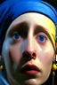 Placeholder: Portrait Painting Of a Beautiful Woman, scared, crying eyes, Girl with a Pearl Earring, 30 years old, looking behind, shining background, Unreal 5, Daz, Hyperrealistic, Octane Render, Dynamic Lighting, Volumetric lighting, Intricate Detail, Summer Vibrancy, Cinematic