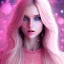 Placeholder: beautiful, soft, smiling face, whole head, long straight blonde hair blues eyes, crown on the head, clothing in transparent bluish and pink veil, background brillante bluish and pink, hight definition, 8K