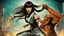 Placeholder: Full-body retro photo of a woman with straight hair and a Fringe, in a fight with a monster, wrapped in tenacles, in an action pose, sci-fi Background