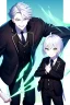 Placeholder: plauge doctor in balck leather coat and suit with silver hair, pale skin and bright green eyes smiling with sharp teeth, nice young face, male, viscious smile