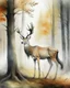 Placeholder: deer with antlers standing sideways, looking at viewer, realistic water color painted, among tall simplified tree trunks, foggy, pastels, colorful