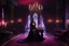 Placeholder: A decadent gothic mansion interior during a surreal psychedelic night party, candlelight everywhere, drifting incense smoke, velvet drapes in deep crimson and violet, baroque furniture, guests in dark aristocratic clothing moving dreamily. At the center stands Vampirella — a tall, striking woman with long flowing black hair, pale porcelain skin, and intense dark eyes. Her features are sharp, sensual, and almost supernatural in elegance. She stands slightly apart from the crowd, calmly discussing