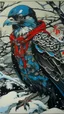 Placeholder: A contemporary serigraphy portrait by Kuniyoshi and Kunisada of a crow adorned in a punk leather jacket within a snowy Christmas atmosphere.