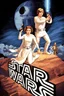 Placeholder: retro futurist movie poster for Star Wars episode 4 featuring luke and leia on top of a stone shaped as "STAR WARS" death star vin background, r2-d2 and C3PO behind to the right