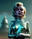 Placeholder: Ultra Realistic retro sci-fi 1960 scene, waist up view portrait, blonde woman, sweet young Marilyn Monroe face, perfect iris, tight latex coat, alien planet background, tight style, steel sphere dron levitating, fog, rain, soft color, highly detailed, unreal engine 5, ray tracing, RTX, lumen lighting, ultra detail, volumetric lighting, 3d, finely drawn, high definition, high resolution.