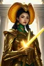 Placeholder: Renaissance painting style, low-angle portrait: Yuan-ti pureblood paladin in golden armor, with elegant emerald scales on her lower face and neck. Her cobra-like hood flares regally, while her eyes remain warmly human. She holds a glowing sunblade, standing before simple temple columns with minimal vines. Soft divine light illuminates the scene.