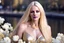 Placeholder: tres belle femme ,35 ans, DANSANT dans les fleurs, près d une rivière, grande douceur, souriante , très réaliste et très détaillé, HD, très glamour, trés longs cheveux blonds, yeux bleus , fin collier en or, grandes glicines ,