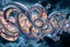Placeholder: Dynamic complex hypnotic fractal 3D structures horizontal Symmetry twisting and morphing between organic and geometric forms , smooth translucent iridescent glass with inner glow and bubbles, varied transparent materials, stormy skies, intense dramatic