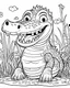 Placeholder: create a 2d black outline, "safari smiling cartoon crocodile coloring book for toddlers", coloring page, low details design, black contour, coloring page design, simple background, colorful , card style, coloring page for kids, white background, sketch style, safari landscape, cartoon style