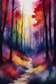 Placeholder: forest in dark red and purple and yellow trees and dark green and dark blue colors only, thin lines draw style , Busch painting style nightmare with sunshine in the middle, watercolors splash