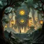 Placeholder: Scene from a modern fantasy action movie featuring the "Garden of Practicality", the Clockwork Forest Realm of Ix Chel, Cyberpunk style. Coloring similar to Lord of the Rings movies.