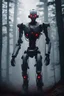 Placeholder: UMANOIDE MEZZO ROBOT MINACCIOSO CON GLI OCCHI ROSSI,PRONTO AD UCCIDERE, IN UN ATMOSFERA OSCURA CON UN BACKGROUND DI UNA FORESTA CON DELLA NEBBIA FATTO IN 4K