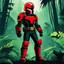 Placeholder: [hazbin style] judge dredd in his iconic costume and helmet, with boots in the jungle were a plane crashed