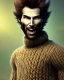 Placeholder: a picture of a slim and well-proportioned nerdy man who is sneaky with a annoying laugh and a stable and dry hairstyle wearing a woolen sweater standing