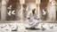 Placeholder: Hyper Realistic Sufi Whirling on stone floor with white & Golden Islamic Sufi Rustic Grungy Background outside white marble Islamic monument with pigeons flying