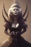 Placeholder: Mae West as evil queen in black leather, leather, busty, cleavage, angry, stern look. character design by cory loftis, fenghua zhong, ryohei hase, ismail inceoglu and ruan jia. unreal engine 5, artistic lighting, highly detailed, photorealistic, fantasy