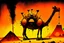 Placeholder: gloomy image of surreal steampunk cyberpunk a scary Giant Camel robot with volcano explosion on camel back,a red mixed yellow liquid Maxma fire-foams air-bubbles spilling and melting down from it ,solar system background,in the style of tim burton, john kenn mortensen and leonora carrington, bizzarre, wacky, mixed media, surrealism painting, a journey into my imagination, detailed, elegant, intricate, 4 k, scary painting