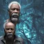 Placeholder: 3D render of a cyberpunk tribal old black man, gray hair and goatee, on a dark blue jungle background, digital art