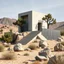 Placeholder: A realistic photograph of a desert landscape with a brutalist-style light concrete structure in the center, with very high steps and a wall made of dark concrete, and rocks and trees around it. Details of the rocks very accentuated