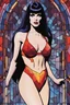 Placeholder: a multicolored, stained, spectral, glass fragment, Vampirella, the female vampire wearing a red bathing suit